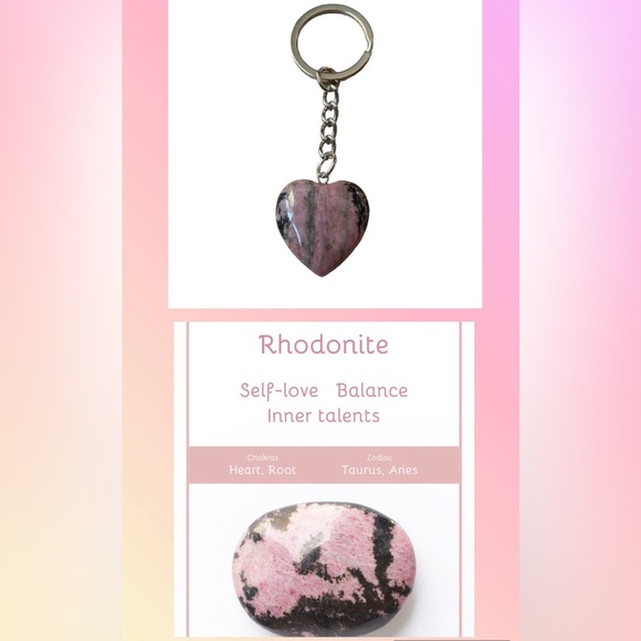 Rhodanite All Natural Crystal Accessories - New! Rhodonight Crystal Heart KeyChain .. All Natural Healing
